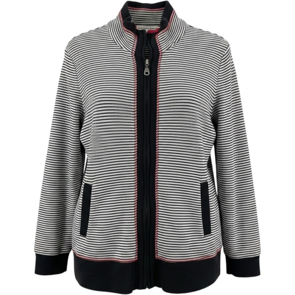 Drapers & Damons Zip Up Cardigan Womens L Sweater Black White Striped Red Trim